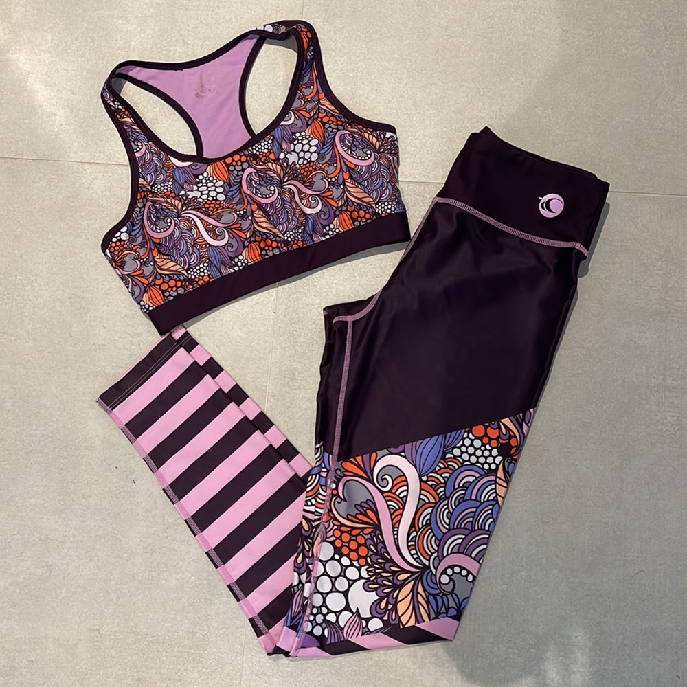 Wave life women size XS UPF50+ Aquatic LEGGINGS and SPORT BRA stripes paisley